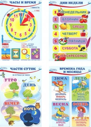 Комплект познавательных мини-плакатов. Математика. Ориентировка во времени (4листа+текст на обороте) фото книги