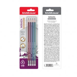 Карандаш чернографитный, трехгранный с ластиком "Sonata", HB, 4 штуки фото книги 2