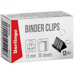 Зажимы для бумаг 15 мм, Berlingo, 12 шт., черные, картонная коробка фото книги