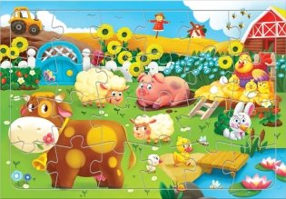 Пазл листовой на подложке. Животные на ферме. 24 детали фото книги