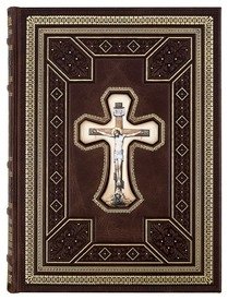Святое Евангелие богослужебное на церковно-славянском языке в кожаном переплете с крестом, покрытым финифтью фото книги