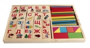 Деревянная игрушка "Набор для счета. Азбука, палочки и блоки" фото книги