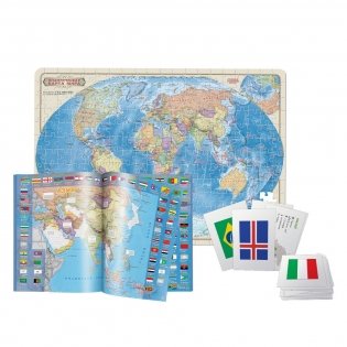 Большой новогодний подарок. Страны и флаги. Карта-пазл + атлас с наклейками + набор игровых карточек фото книги 2