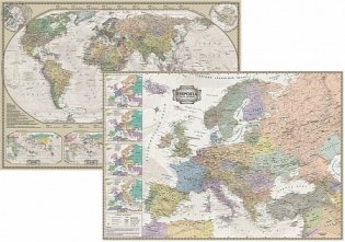 Настольная двухсторонняя карта. Мир политический. Европа. Ретро стиль, 58х41 см фото книги