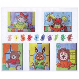 Раскраска по номерам "Игрушки", А4, с восковыми мелками, 5 рисунков фото книги 4