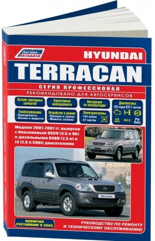 Hyundai Terracan. Модели 2001-2007 года выпуска с бензиновым G6CV (3,5 л V6) и дизельными D4BH (2,5 л) и J3 (2,9 л CRDi) двигателями. Включая рестайлинг с 2003 года. Руководство по ремонту и техническому обслуживанию фото книги