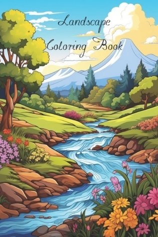 Lanscape Coloring Book for Adults with fields, mountains, ocean, flowers, forests and cozy houses фото книги