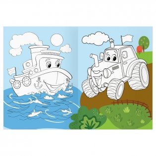 Раскраска с цв. фоном А4, 16 стр., ТРИ СОВЫ "Веселые машинки" фото книги 8